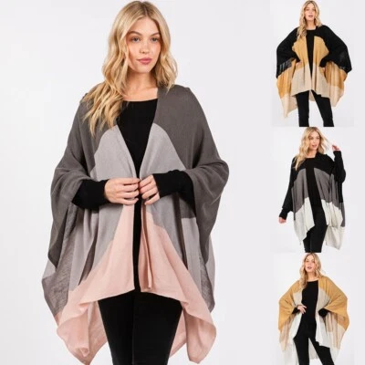 Женский мягкий зимний кардиган Anthropologie Style с тремя тонами цветными блоками Ruana - Изображение 1 из 4