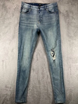 BOOHOO Man Mens 34 34x36 Jeans Blue Jean Moto Biker Skinny Button Fly Distressed - Image 1 of 4