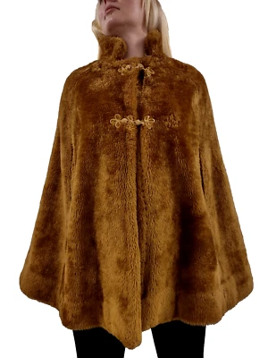 70s Faux Fur Cape Mustard Bronze Color Bohemian Look ASIAN FROG BUTTONS Size S - Image 1 of 4