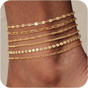14K Real Gold Filled Plated Anklets Women 6PCS Anklet Set Dainty Summer Jewelry - Picture 1 of 6