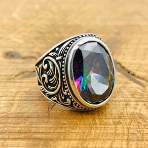 925 Sterling Silver Oval Mystic Topaz Stone Men's Ring, Mens Jewelry - Picture 1 of 9