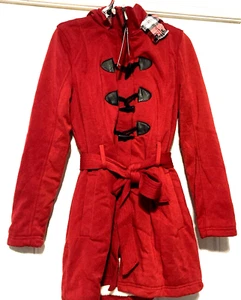 New Yoki Womens Large Jacket Sherpa Lined Hooded Belted Toggle Zip Fleece Red - Picture 1 of 12