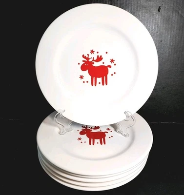 Set 6 Waechtersbach Dinner Plates 10 3/4" White Christmas Red "Willie" Reindeer - Image 1 of 4