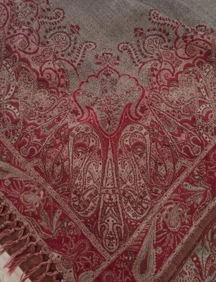 Vintage Paisley Wool Shawl Wrap Burgundy Red Wool Tablecloth Fringe 100" - Image 1 of 4