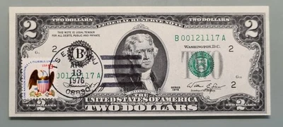 1976 Two Dollar Federal Reserve Note $2 with Stamp - First Day of Issue #96395 - Image 1 of 2