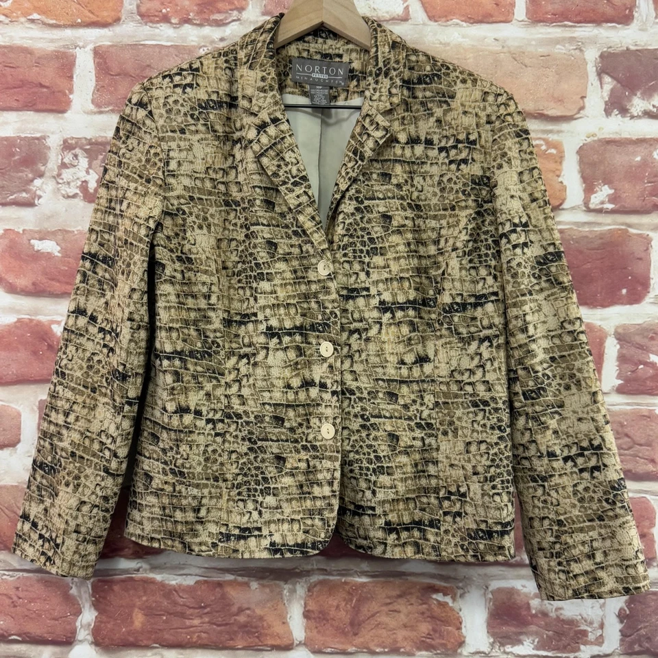 Blazer Norton McNaughton Mujer 10P Tostado Negro Abstracto Estampado Animal Chaqueta De Colección Foto 1 de 4