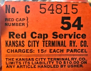 Red Cap Service Kansas City Terminal RY Co Ticket - Bild 1 von 2
