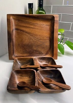 Acacia дерева 9Pc приправы лоток комплект с 4 чаши 4 ложки и лоток - Изображение 1 из 4