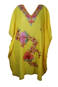Women's Yellow Embellished Floral Short Caftan Lounger Beach Cover Up Dress 3XL