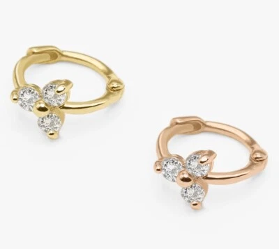 14k Solid Gold Tiny Trinity CZ Hoop Earring, Minimalist Earrings, Gift for her - Image 1 of 4