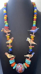 Vintage Millefiori Glass Bead Wood Bird Fetish Necklace  - Picture 1 of 8