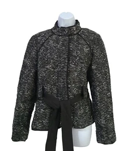 Sandro Tweed Boucle Blazer Jacket Black & White w/Hidden Buttons Sash Sz L - Picture 1 of 10