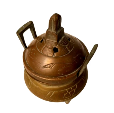 Solid Brass Chinese Incence Burner Handles Engraved Tripod - Image 1 of 4