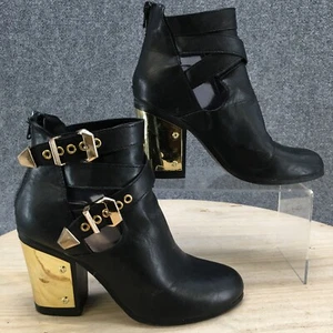 Justfab Boots Womens 7 Raye Ankle Bootie Black Faux Leather Block Buckle Strap - Picture 1 of 15