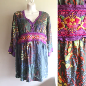 Johnny Was Tunika Shirt Damen S Seide 1/2 Arm V-Ausschnitt Blumen bestickt Borte - Bild 1 von 7
