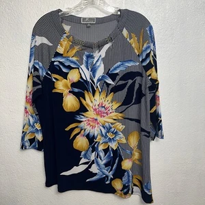 JM Collection Women Top Size PL Blue Stripes Floral  Stretch Asymetrical Hem - Picture 1 of 9