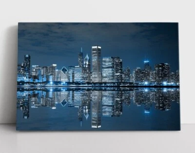 Arte de pared con impresión fotográfica en lienzo noche horizonte de Chicago | Paisaje urbano ciudad de EE. UU. Foto 1 de 4