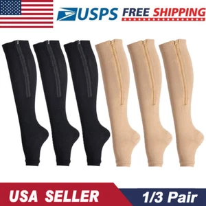 3 Pairs Zipper Compression Socks 20-30 mmHg for Men Women, Open Toe (S-XL) - Picture 1 of 14