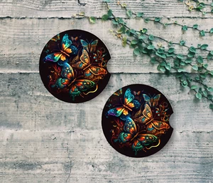 2 Butterflies, Car Coasters, 2.75"/5mm thick/neoprene/non-slip/(car16b) - Picture 1 of 1