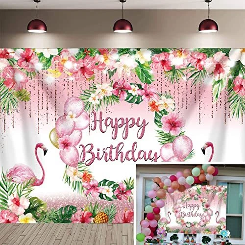 Fondo floral hawaiano verano vamos flamenco rosa foto cumpleaños fondo Foto 1 de 1