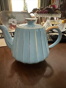 Vintage Sadler Himmelblau & Gold Nadelstreifen Medium Teekanne - Bild 1 von 6