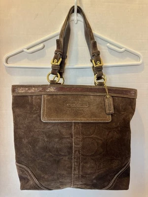 Coach 10442 Brown Suede Signature Leather Beaded Tote Handbag - Image 1 of 4