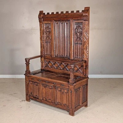 Antiguo banco de pasillo francés de roble gótico con almacenamiento de asiento elevador Foto 1 de 4