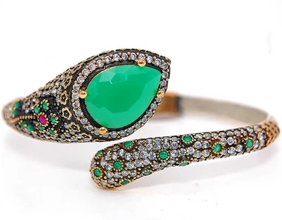 Brazalete de plata de ley 925 con esmeralda tratada estilo Imperio Otomano de 16 quilates   Foto 1 de 3