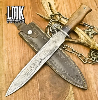 LMK Artículo Caliente Cuchillo de Caza Escalera Damasco Madera de Nogal Damasco Guardia Decoración Foto 1 de 4