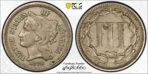1870 USA 3CN PCGS VF25 3 Cent Nickel Very Fine United States Odd Denomination - Picture 1 of 1
