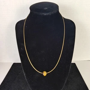 14k Yellow Gold Wire Necklace With Tiger's Eye Bead 18" 585 Italy - Picture 1 of 13