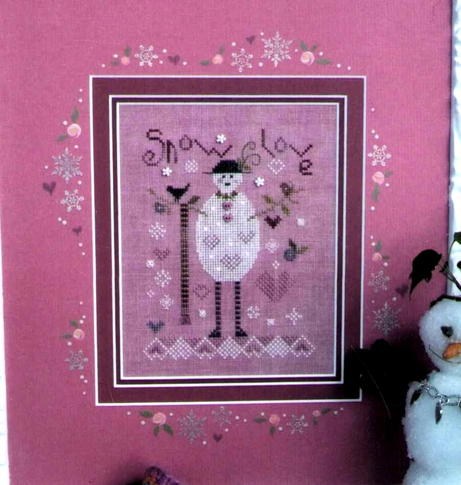Cross Stitch Embroidery Shepherds Pink Snowman Birds Hearts Valentines - Image 1 of 3