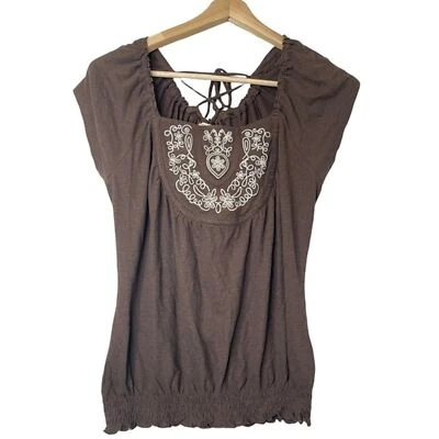 Top Y2k Decree para Mujer M Marrón Cuello Cuadrado Corbata Trasera Dobladillo Calado Boho Festival Foto 1 de 4