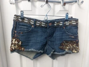 Express Gold Dark Wash Hand Beaded Sequin Rhinestone Embellished Shorts - Bild 1 von 16
