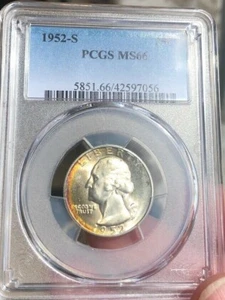 1952-S Washington Quarter. PCGS MS66  PQ Toned. Freshly Graded  - Picture 1 of 3
