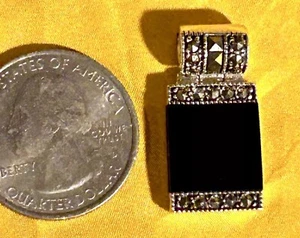 Sterling Silver Rectangular Pendant—Marcasite & Onyx Inlay, Hinged Bail - Picture 1 of 5