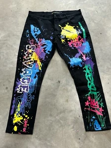Sacred Crown Jeans Men 40 Hip Hop Paint Splatter Dark Wash Black Stretch Denim - Picture 1 of 7