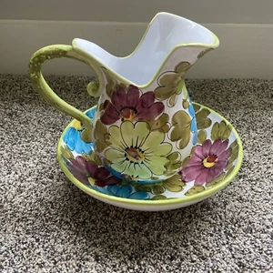VINTAGE Italian Hand Painted Pitcher and Wash Basin set Green Floral ITALY - Picture 1 of 13