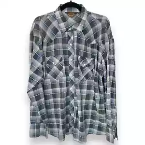Camisa a presión de perlas vintage Y2K Hombre azul californiano negra a cuadros manga larga XL - Imagen 1 de 5