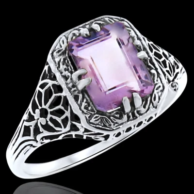 ANILLO FILIGRANA ESTILO ANTIGUO DECORATIVO PLATA ESTERLINA 925 AMATISTA 1,5 QUILATES GENUINO 677 Foto 1 de 4