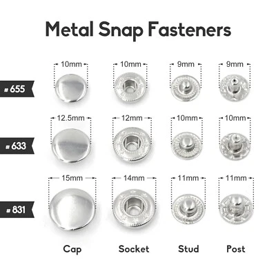 50 sets Metal Spring Snap Fastener Press Stud Snap Buttons Cap Size 10/12.5/15mm - Image 1 of 4