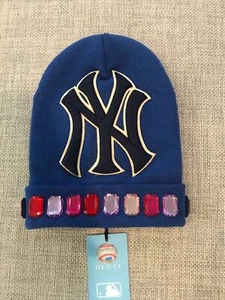 New with tag Gucci New York Yankees Hat MLB Blue Crystals Wool Beanie size M - Picture 1 of 7