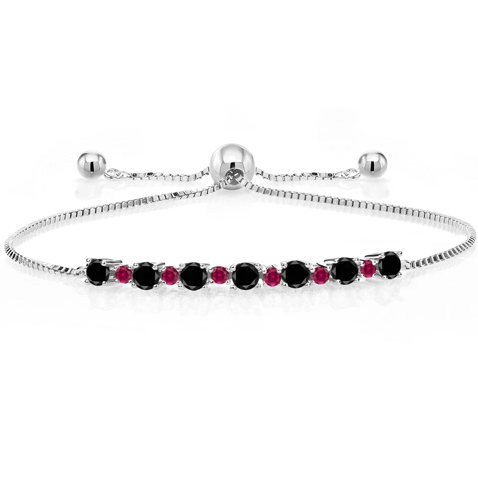 1.00 Ct Round Black Diamond Red Created Ruby 925 Sterling Silver Bracelet - Image 1 of 3