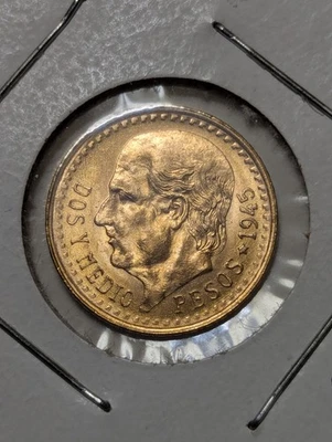 Moneda de Oro 1945 México Dos Y Medio Pesos 2.5 Pesos ¡Envío Prioritario Incluido! Foto 1 de 4