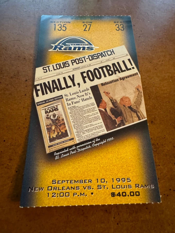 1995 St Louis Rams New Orleans Saints Inaugural Game Full Football Ticket 9/10 - Image 1 of 1