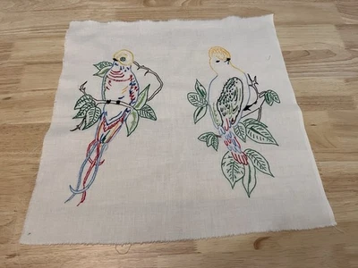 Vtg Hand Embroidered Birds on Branch Linen Panel Colorful Mid Century Art 17x18 - Image 1 of 4