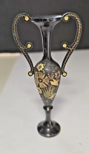 Vintage 1980's Miniature Damascene 4.25" Black & Gold Etched Amphora Vase-India - Picture 1 of 9