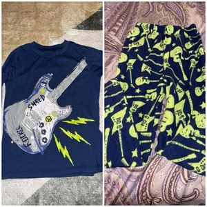 Gap Kids Boys Navy Blue Green Guitars Fleece Pajama Pants 8 Set With Top - Picture 1 of 3