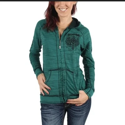 Chaqueta reversible con cremallera Affliction Saint's Parade para mujer talla Y2K pequeña Foto 1 de 4