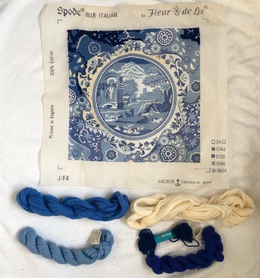 Spode Blue Italian Tapestry vintage needlepoint large square kit Fleur de Lis - Image 1 of 4